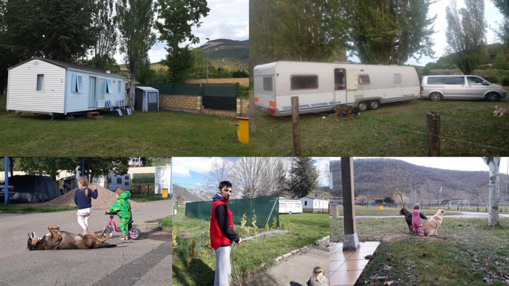Collage con momentos de la familia en el camping: caravanas, niños, mascotas y la vida en la montaña leonesa